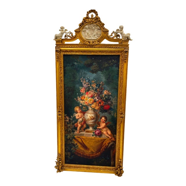 Grand French Rococo Floral Panel – Ornate Gold Leaf Frame With Cherub & Garden Scene For Sale