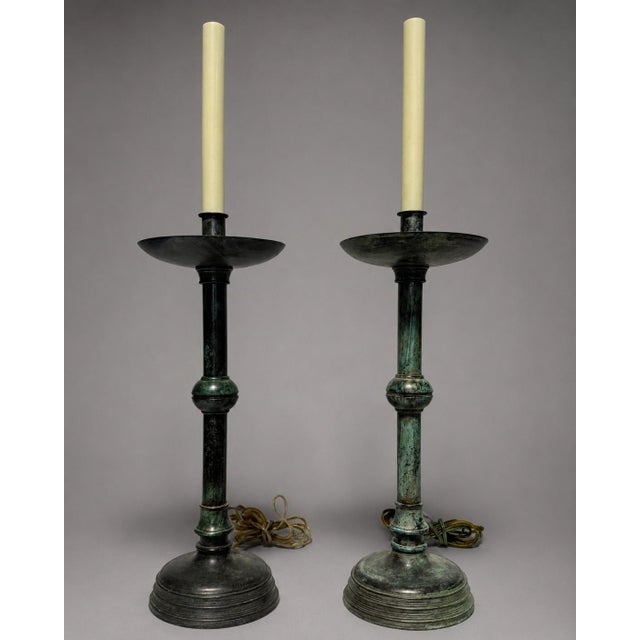 Neoclassical Pair of Mid-20th Century Bronzed Verdigris Candlestick Table Lamps For Sale - Image 3 of 9