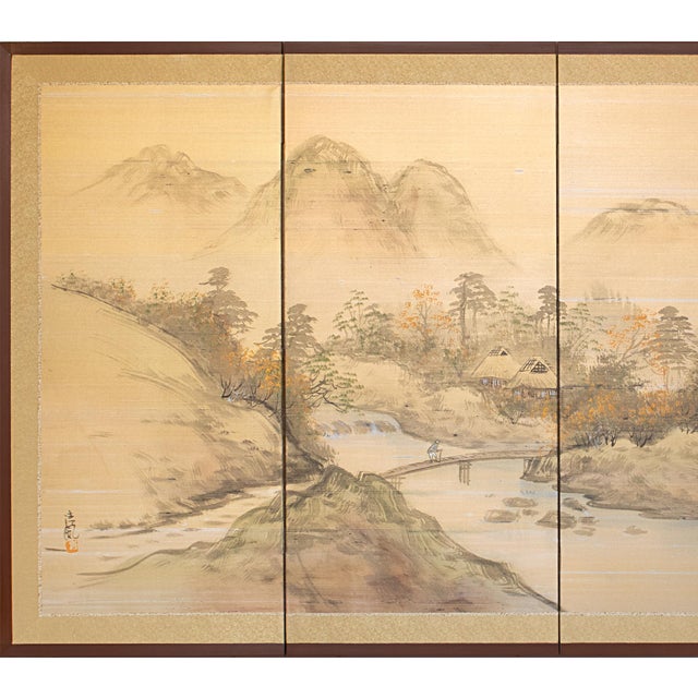 Excellent Showa Era vintage Japanese 4-panel painted silk Byobu (folding screen), depicts a Mountain Landscape with river,...