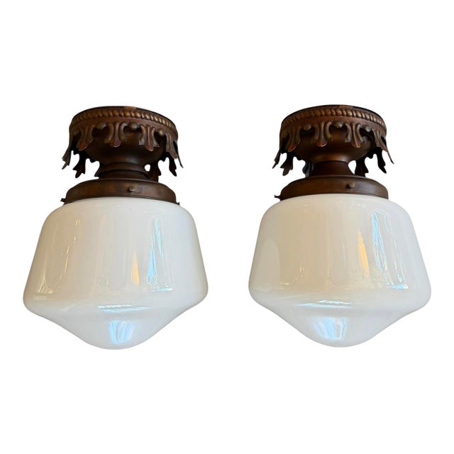 1930s Opaline Art Glass Flushmount Ceiling Lights With Ornate Canopies - a Pair For Sale