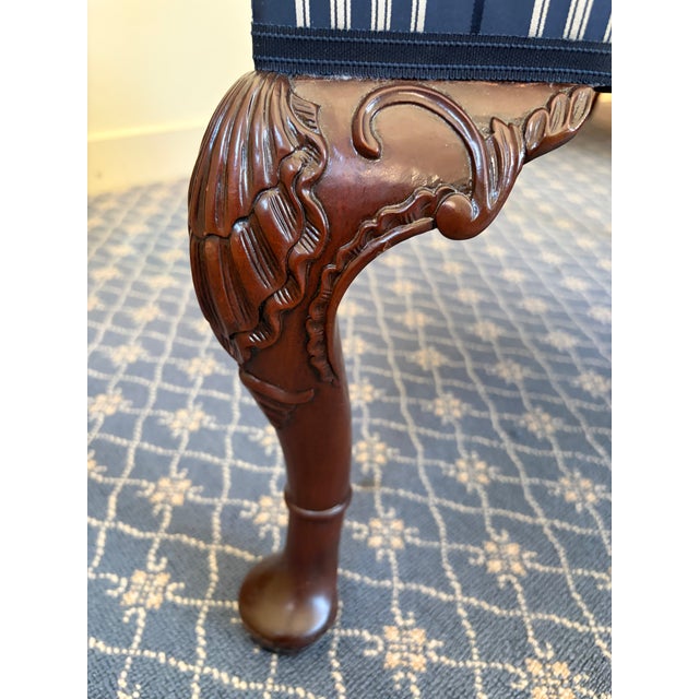 2010s Pair of Kittinger Mahogany Carved Library Armchairs in Ralph Lauren Pinstripe Silk For Sale - Image 5 of 12