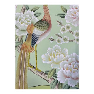 Hand-Painted Chinoiserie Peacock & Floral Wall Mural Panel, Luxury Oriental Wallpaper Art, Unframed, For Sale