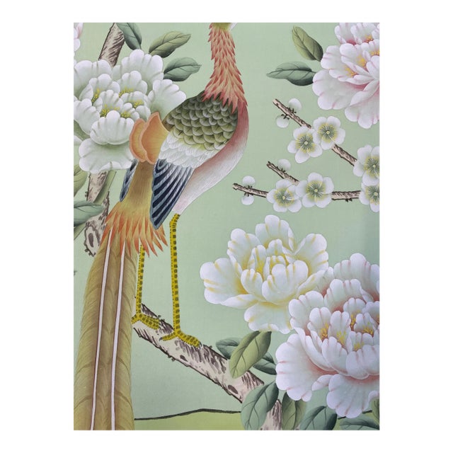 Hand-Painted Chinoiserie Peacock & Floral Wall Mural Panel, Luxury Oriental Wallpaper Art, Unframed, For Sale
