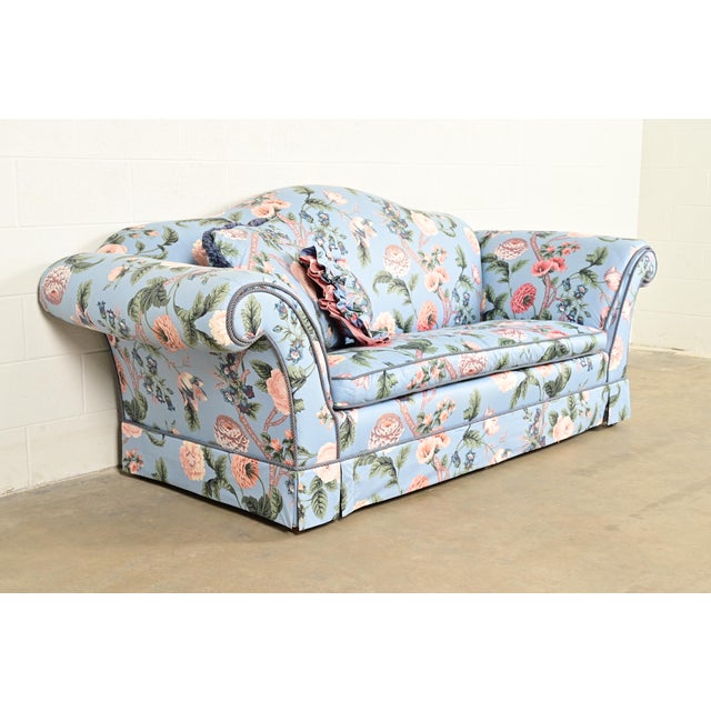 1980s Baker Furniture English Traditional Floral Upholstered Roll Arm Camelback Sofa For Sale - Image 5 of 15
