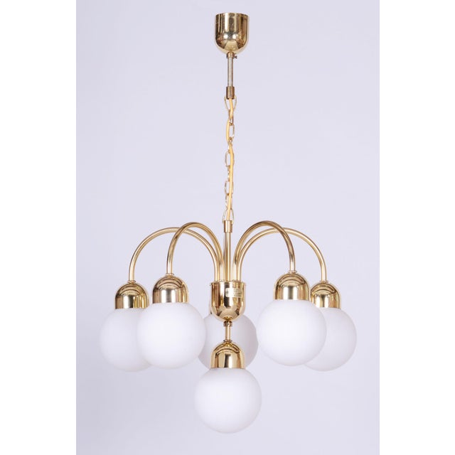 Mid-Century Chandelier in Brass and Opaline Glass, Czech, 1950s For Sale - Image 16 of 16