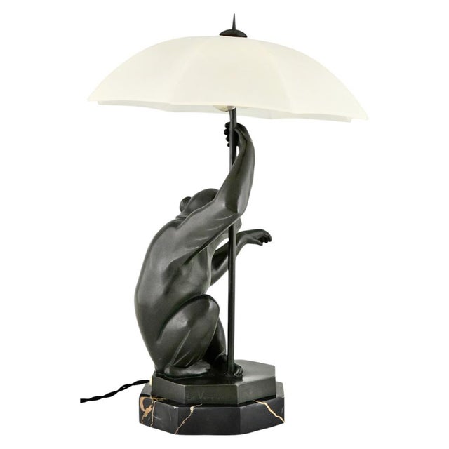 Art Deco Monkey with Umbrella Lamp by Max Le Verrier, 1927 For Sale - Image 4 of 13
