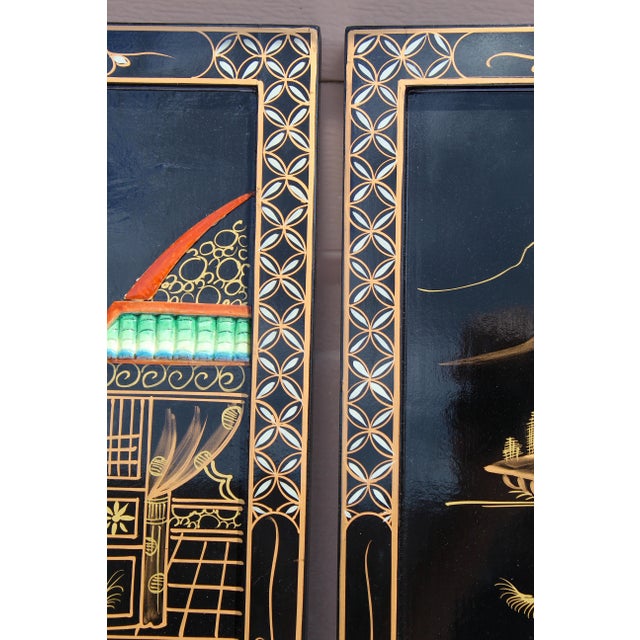 Vintage Chinese Black Lacquer Mother-of-Pearl Inlay Wall Panels - Set of 4 Chinoiserie Scenic Figures & Pagoda Landscape Art For Sale - Image 17 of 18