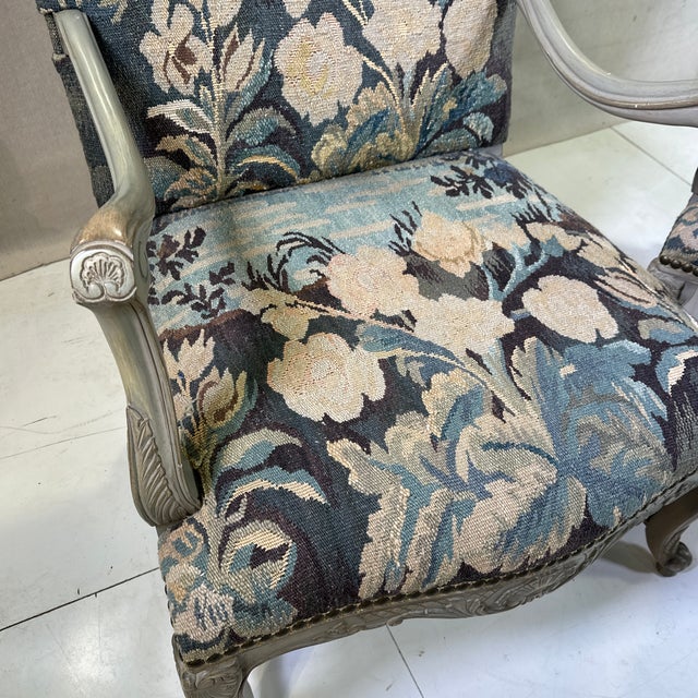 Vintage Pair of Aubusson Needle Point French Style Arm Chairs in Painted Walnut Frames For Sale - Image 4 of 12