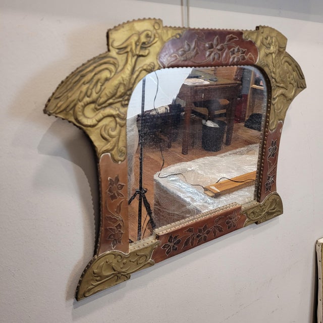 1930s Art Nouveau Mirror in Gilt Brass and Leather after Gabriel Viardot, France, 1930s For Sale - Image 5 of 18
