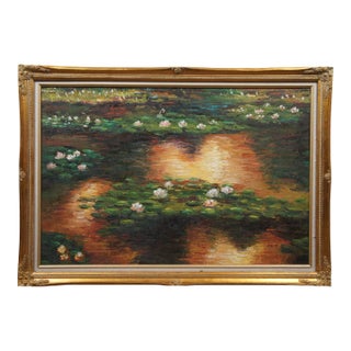 Vintage Impressionist Water Lilies Lily Pads Pond Oil Painting on Canvas 40" For Sale