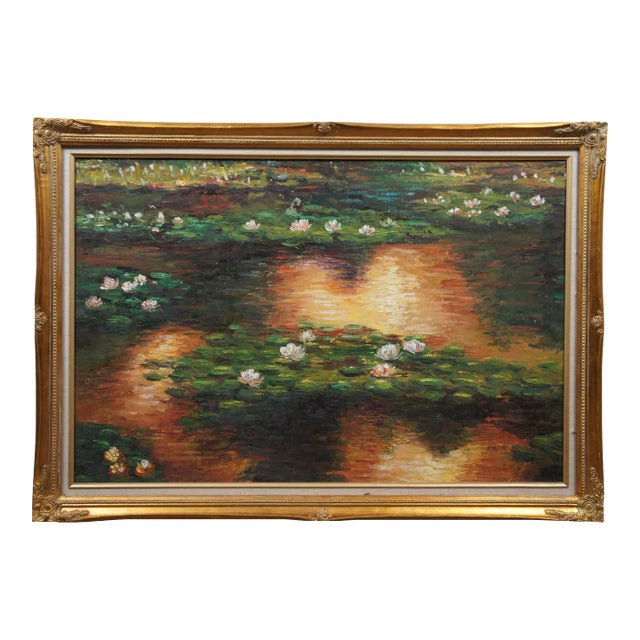 Vintage Impressionist Water Lilies Lily Pads Pond Oil Painting on Canvas 40" For Sale