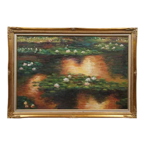 Vintage Impressionist Water Lilies Lily Pads Pond Oil Painting on Canvas 40"
