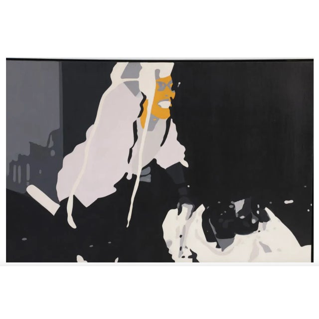 Fabulous acrylic on canvas. Framed in a high quality deep silver metal frame. Measures 45" x 50.75". Likely from 1980s....