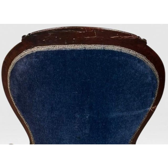 Antique Victorian Walnut Rococo Revival Navy Velvet Parlor Chair For Sale - Image 9 of 12