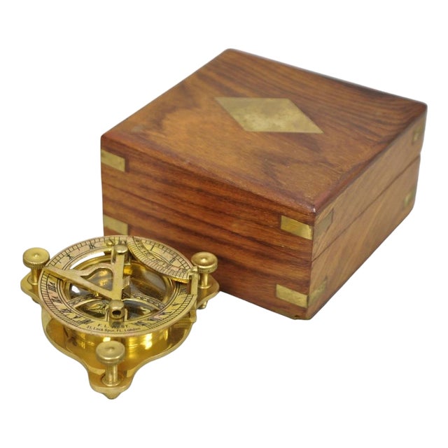 Vintage English Campaign Brass Round Sundial Compass With Small Rosewood Box For Sale