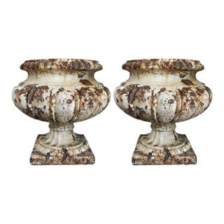 Pair of Antique Cast Iron Campana Form Garden Urns For Sale