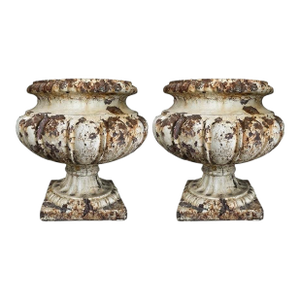 Pair of Antique Cast Iron Campana Form Garden Urns