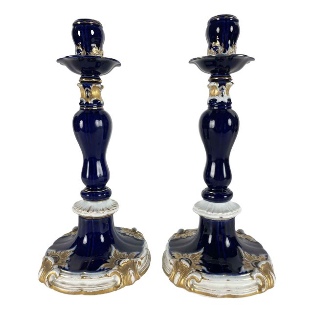 Blue and Gilt Candlesticks from Meissen, 19th Century, Set of 2 For Sale