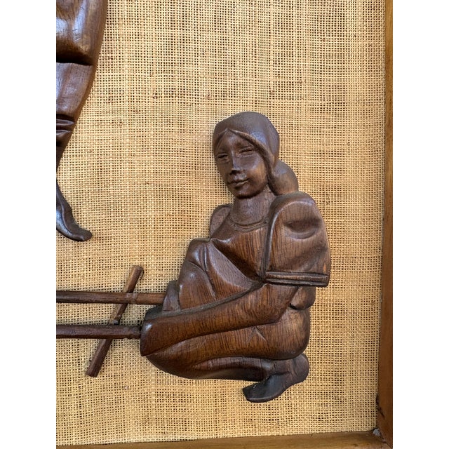 1970s Vintage 1960s Philippine Hand-Carved Teak Folk Dancers Wall Relief on Hessian, 3d Mid-Century Tiki Art For Sale - Image 5 of 9