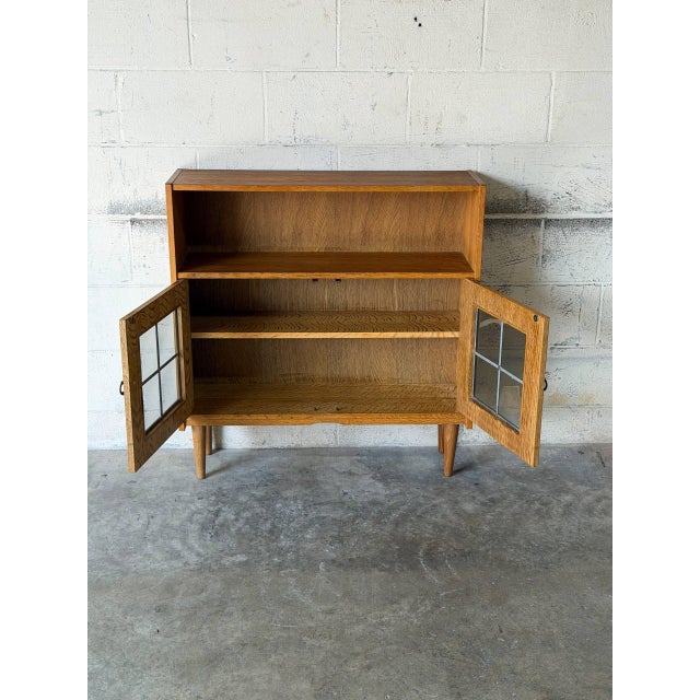 Oak Glass Cabinet With Leaded Doors Danish Mid-Century Modern 1960s For Sale In Los Angeles - Image 6 of 11