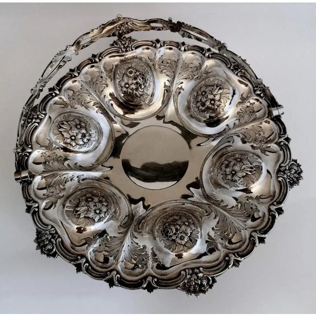 Metal Victorian Chiseled and Engraved Sterling Silver Basket with Handle, 1870s For Sale - Image 7 of 13