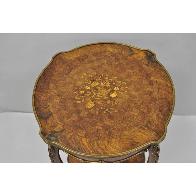 French Antique French Louis XV Style Marquetry Inlay Bronze Ormolu Rosewood Side Table For Sale - Image 3 of 16