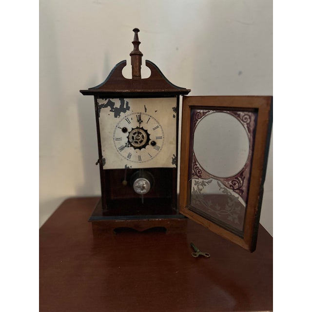 Victorian Functional 19th-C. Wm. L. Gilbert "Chromo Time" Walnut Cottage Mantel Clock With Key For Sale - Image 3 of 7