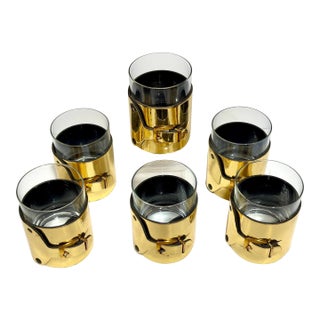 Late 20th Century 6 Italian Gold-Plated Leather Horsebit Old Fashioned Glasses, Style of Gucci For Sale