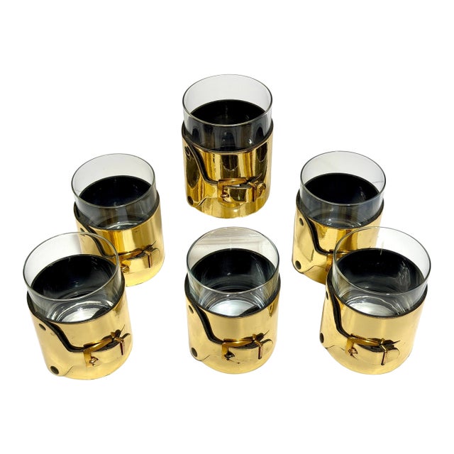 Late 20th Century 6 Italian Gold-Plated Leather Horsebit Old Fashioned Glasses, Style of Gucci For Sale