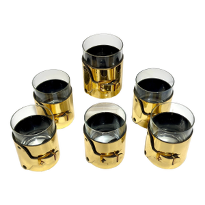 Late 20th Century 6 Italian Gold-Plated Leather Horsebit Old Fashioned Glasses, Style of Gucci