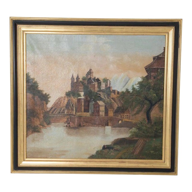 Early 20th Century French Oil Painting of a Castle on a Hill, Framed For Sale