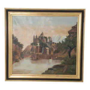 Early 20th Century French Oil Painting of a Castle on a Hill, Framed