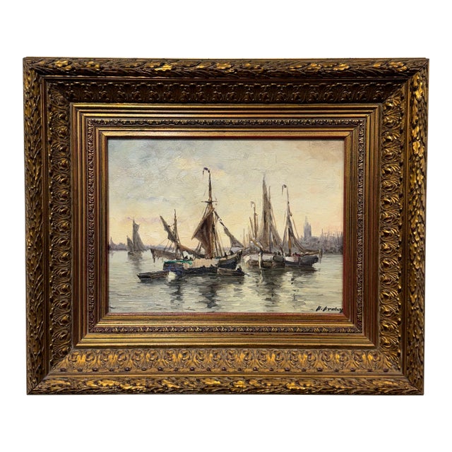 20th Century Oil Painting "Ships in Harbor" For Sale