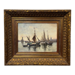 20th Century Oil Painting "Ships in Harbor"