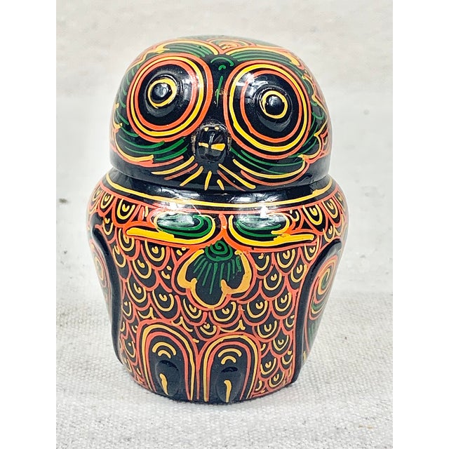 Adorable vintage hand painted owl box. Colorful and intricate design. Perfect to use to store small jewelry or tchotchkes...
