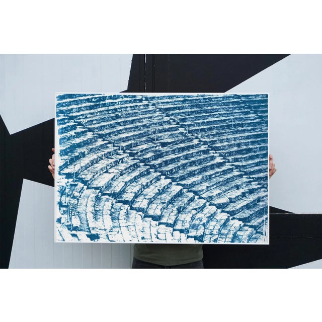 2020s Ancient Roman Amphitheater, 100x70cm Cyanotype on Watercolor Paper, Greek Architecture Blueprint For Sale - Image 5 of 13
