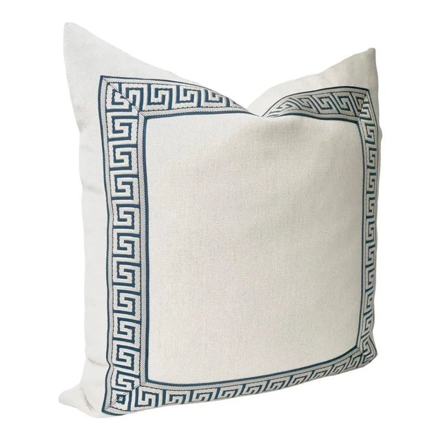 Chinoiserie Indigo Blue Greek Key Trim, Natural Off White Belgium Linen Pillow Cover For Sale In Buffalo - Image 6 of 6
