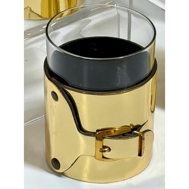 Late 20th Century Late 20th Century 6 Italian Gold-Plated Leather Horsebit Old Fashioned Glasses, Style of Gucci For Sale - Image 5 of 14