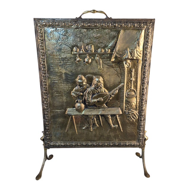 Antique Stamped Repousse Brass Figural Tavern Scene Fireplace Screen For Sale - Image 13 of 13