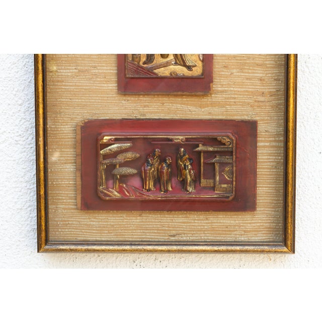 Red Framed Antique Gilt Chinese Carving Set For Sale - Image 8 of 11