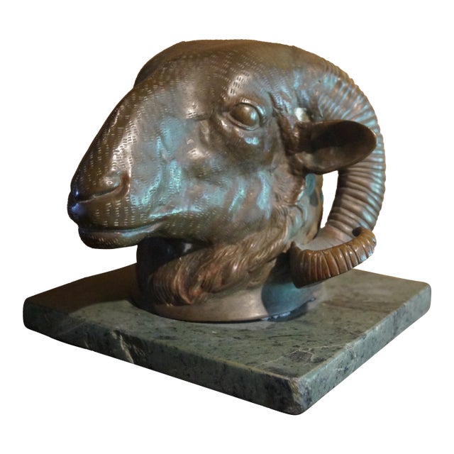 1940s Bronze Ram Head Sculpture on Marble Base For Sale