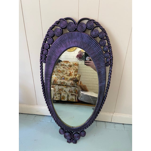 Color shifting Dark purple to blue to pink Faux rattan wicker Hollywood Regency Wall Mirror Hanging VTG Mirror MCM Asian...