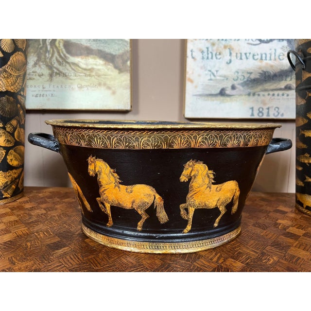 Antique English Planter Jardiniere Horse Equine Black Decoupage Tole Metal C1900 For Sale - Image 4 of 18