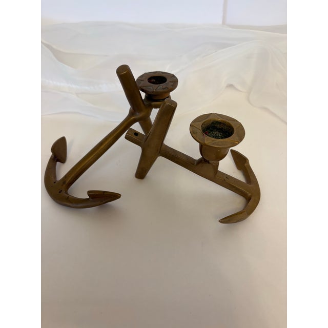 Metal Vintage Brass Anchor Candle Holders-a Pair For Sale - Image 7 of 7