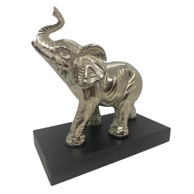 Contemporary Silver Aluminum Metal Elephant Sculpture Standing on Black Wood Plinth For Sale - Image 12 of 12