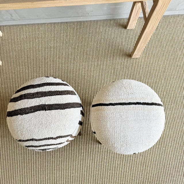 Pair of Striped Off-white, Black Ottomans Made From Vintage Turkish Rugs For Sale In Los Angeles - Image 6 of 9