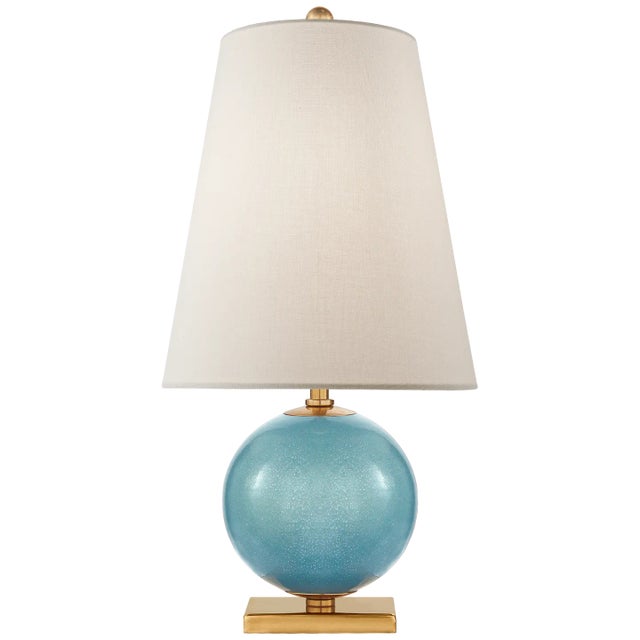 Kate Spade New York for Visual Comfort Signature Corbin Mini Accent Lamp in Sandy Turquoise with Cream Linen Shade For Sale