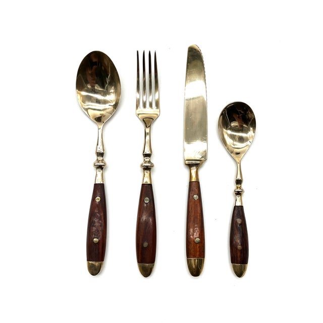 Gold Mid-Century Bronze and Rosewood Royal Cutlery Set, 1970s, Set of 24 For Sale - Image 8 of 18