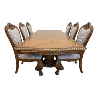 1990s Grand Traditional Italian Carved Pedestal Dining Table & 8 Damask Chairs - 9 Piece Set For Sale