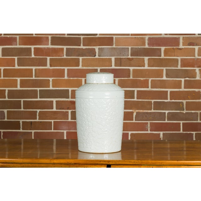Ceramic White Porcelain Asian Lidded Jar with Scrolling Foliage Motifs For Sale - Image 7 of 12